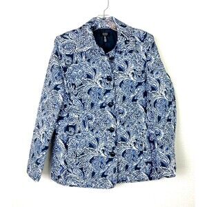 JONES New York Signature Women's Button Up Quilted Jacket Size M Blue Geometric